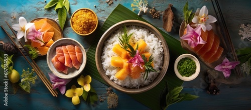 Hawaiian diet food with fish and toppings, viewed from above.
