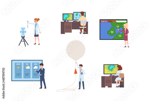 Meteorologist at work concept set.