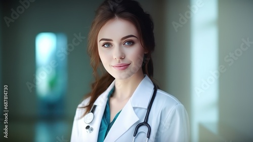 Young female doctor on modern clinic background.,copy space 