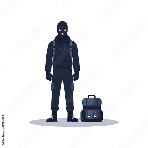 Mysterious man in black outfit and ski mask flat design vector illustration.