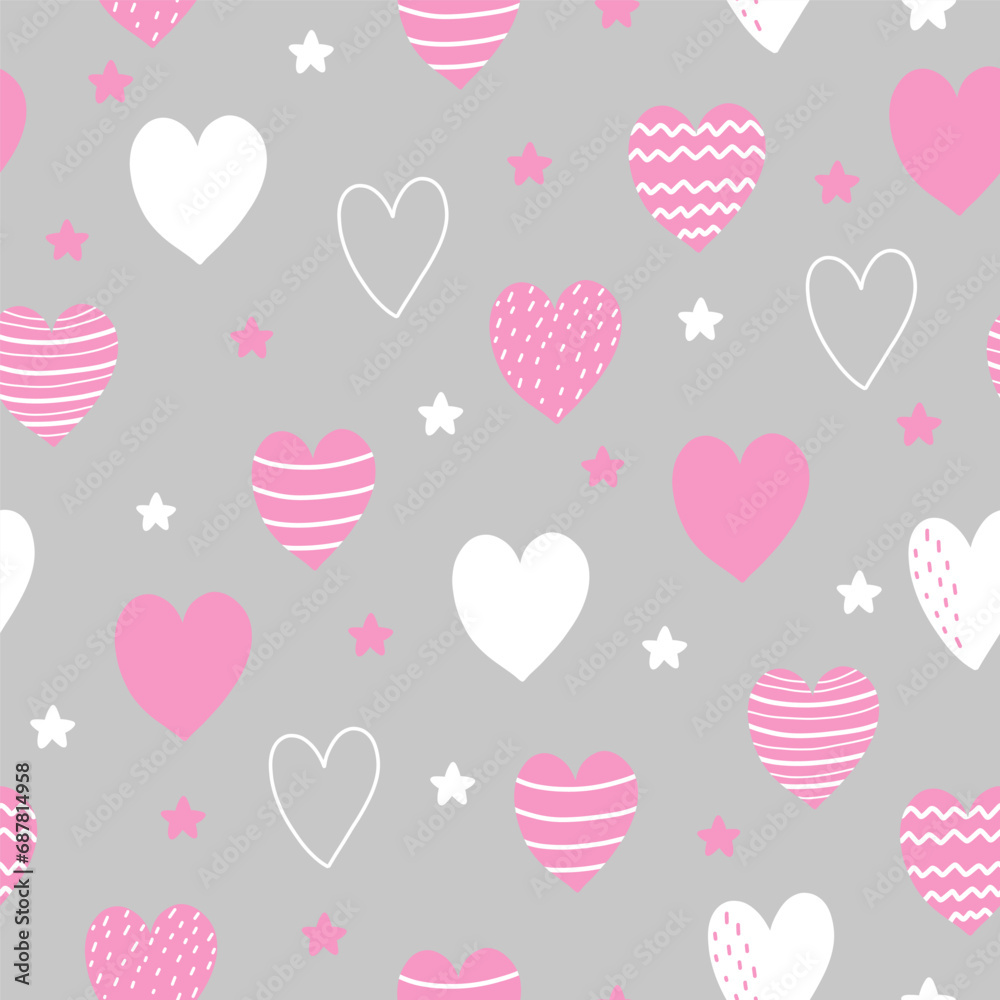 Seamless pattern with cute hearts on grey background for your fabric, gift wrap paper. Vector romantic background