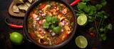 Contemporary Mexican seafood pozole soup top view in design bowl.