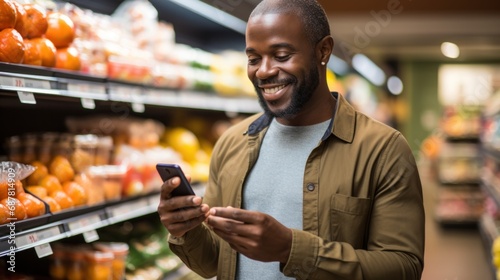 afro american man is checking products in supermarket with phone or texting someone.