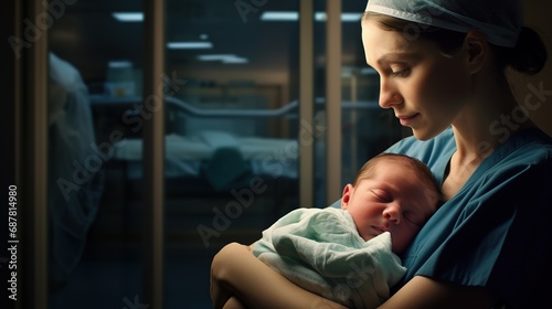 Nurse cradling a day-old infant, newborn baby, displaying genuine emotions of nurture and care. Tender healthcare moment captured in a modern hospital setting