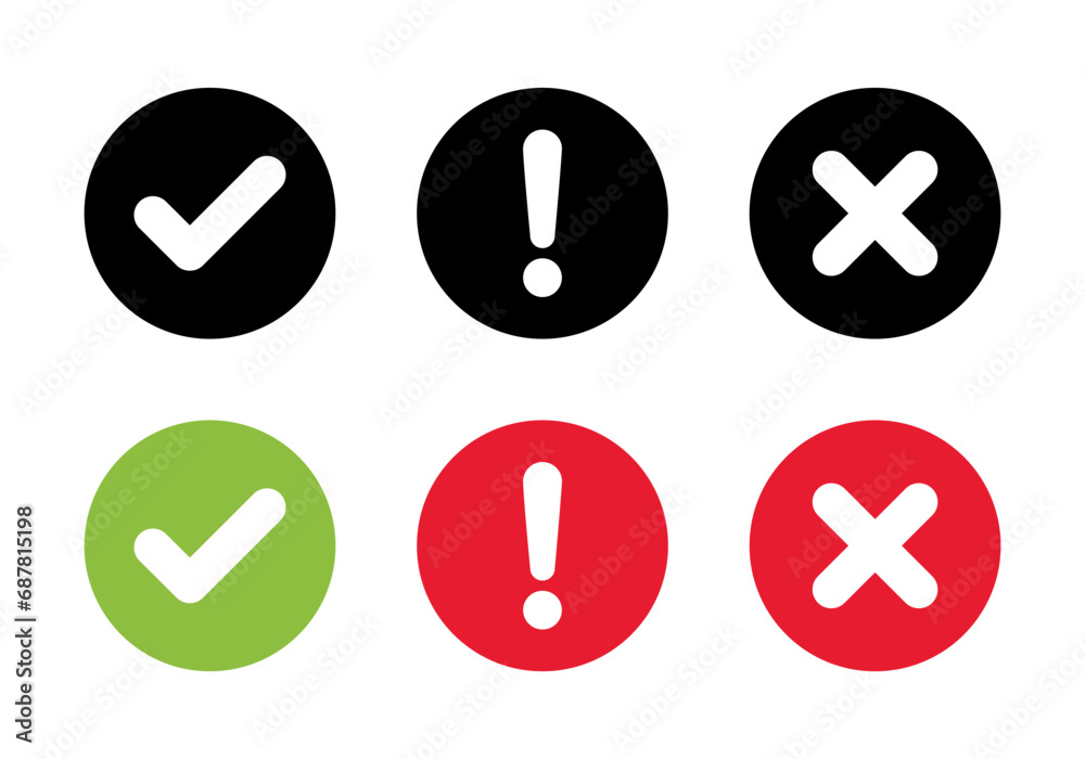 Fototapeta premium Checkmark, exclamation, and cross mark icon on circle background. Check, warning, and x symbol vector