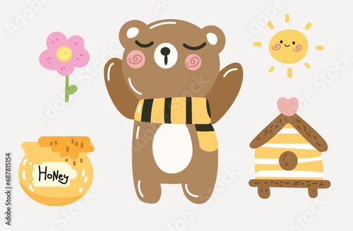 Set of bee bear and Honey Cartoon. Character design banner cute vector illustration 