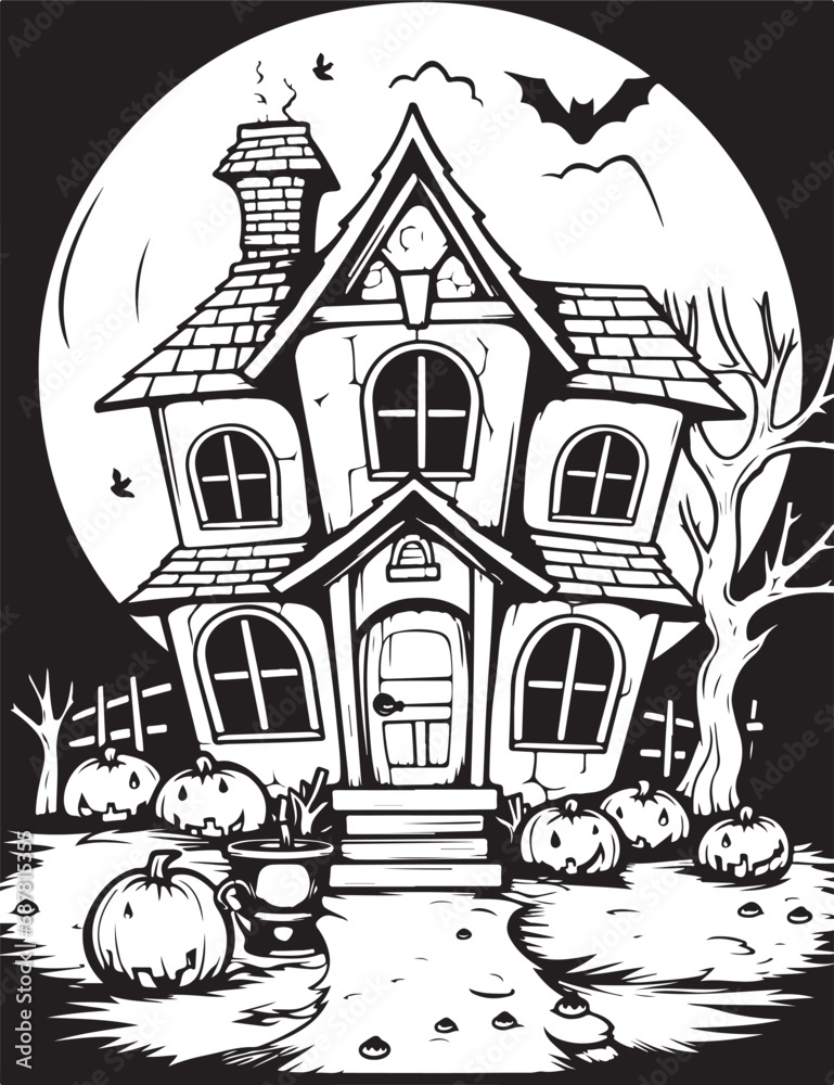 haunted halloween house coloring page illustration 