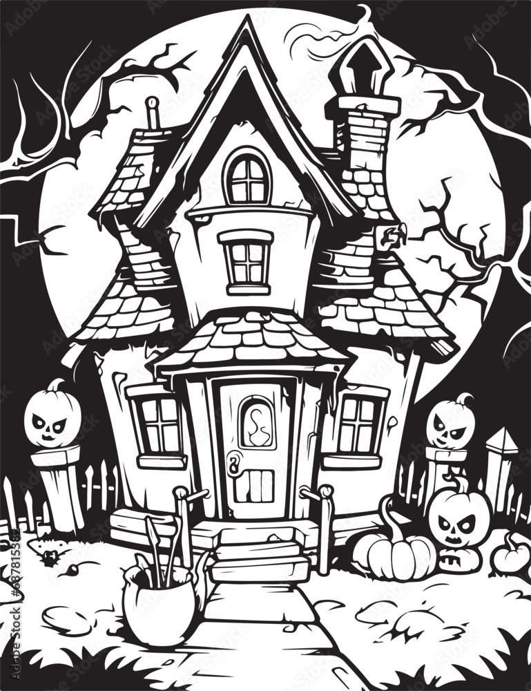Naklejka premium haunted halloween house coloring page illustration 