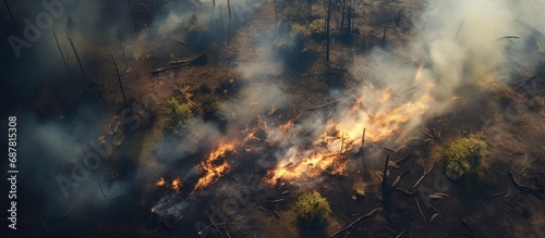 Forest fire destroyed parts of green dry forest, seen from above.