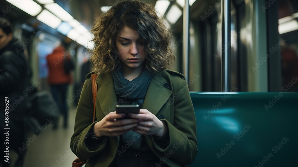 Candid morning shot of a woman using her smartphone during her subway commute, engrossed in work and connectivity