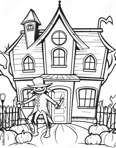 haunted halloween house coloring page illustration 