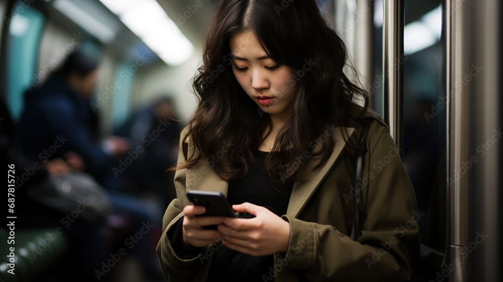 Candid morning shot of a woman using her smartphone during her subway commute, engrossed in work and connectivity Candid morning shot of a woman using her smartphone during her subway commute, engrossed in work and connectivity