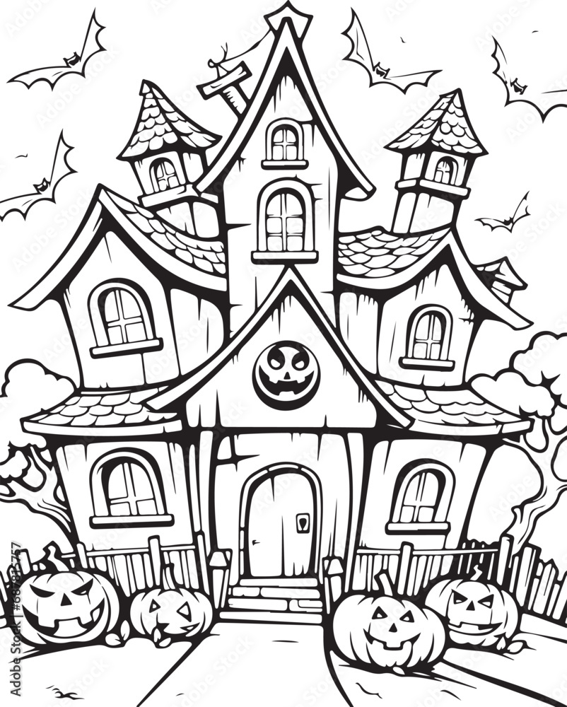 haunted halloween house coloring page illustration 