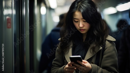 Candid morning shot of a woman using her smartphone during her subway commute, engrossed in work and connectivity photo