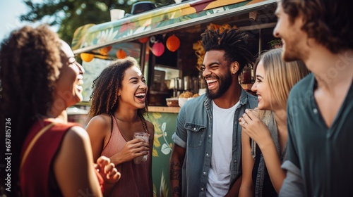 Millennial friends enjoying a fun-filled social gathering at an outdoor restaurant, sharing stories and laughter