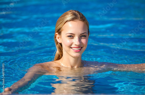 Happy young female enjoying in the swimming pool
