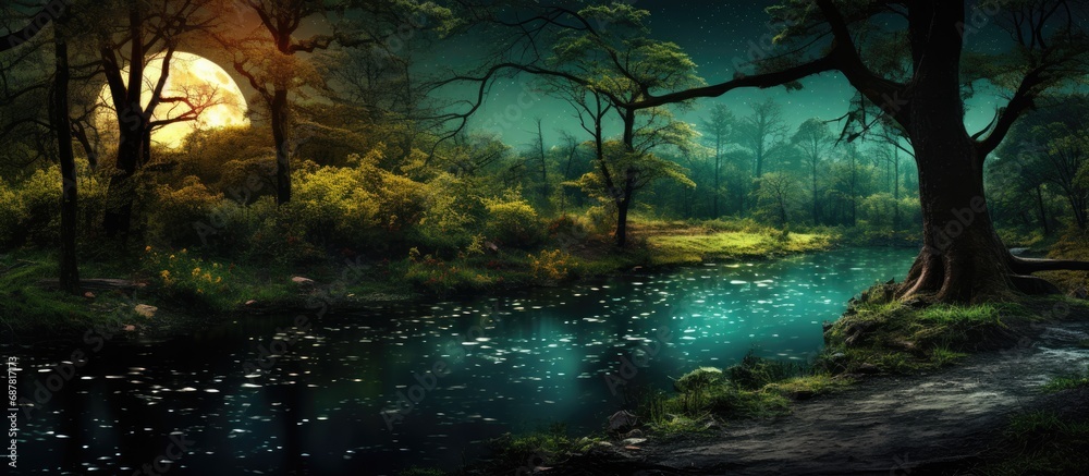 Edited colors and manipulated photo of a rural forest at night by a river, with a crescent moon.