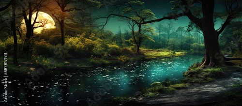 Edited colors and manipulated photo of a rural forest at night by a river, with a crescent moon.