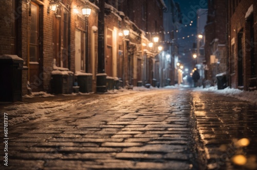 Snowy Cobblestone Alley with String Lights at Night