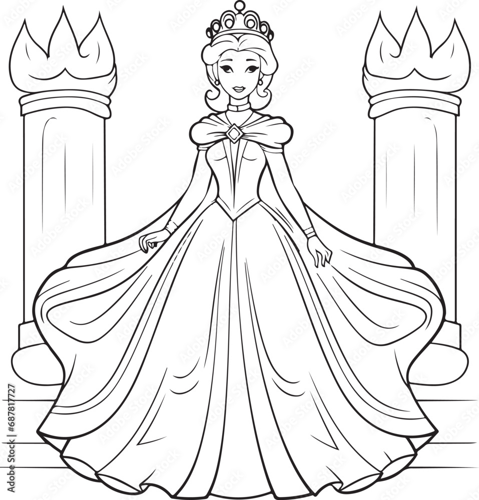 Fototapeta premium cute cartoon princess drawing for coloring hand drawn illustration