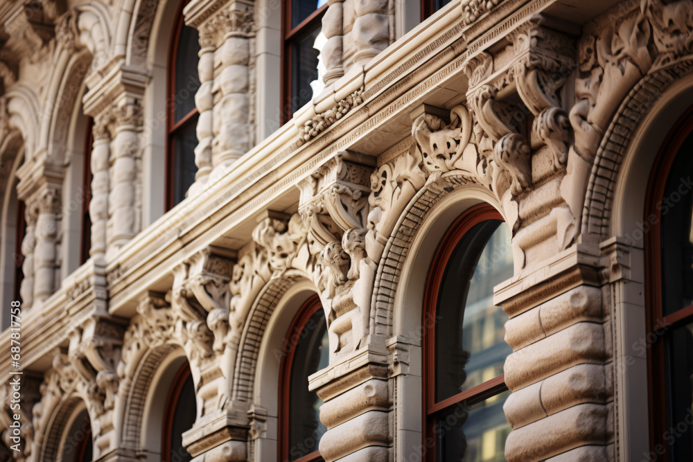 The beauty of European style building exterior, use a close-up view to focus on windows in a historical building, highlighting its intricate details.