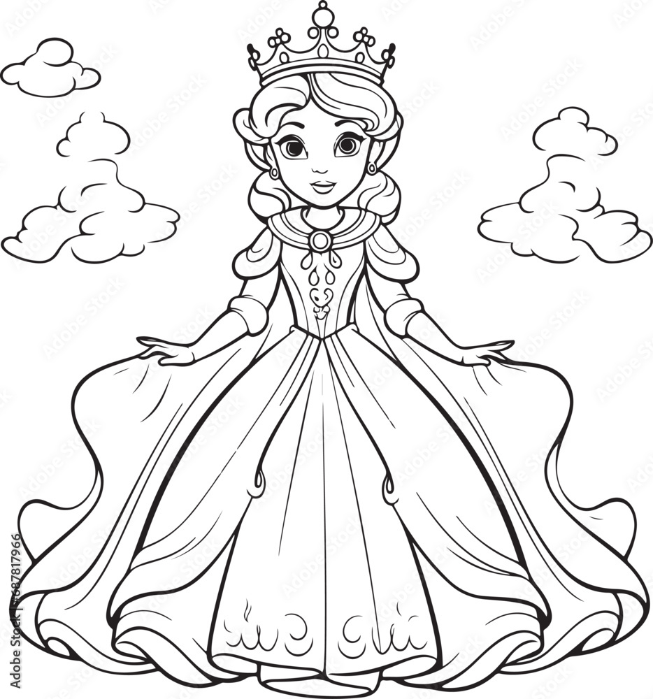 Fototapeta premium cute cartoon princess drawing for coloring hand drawn illustration