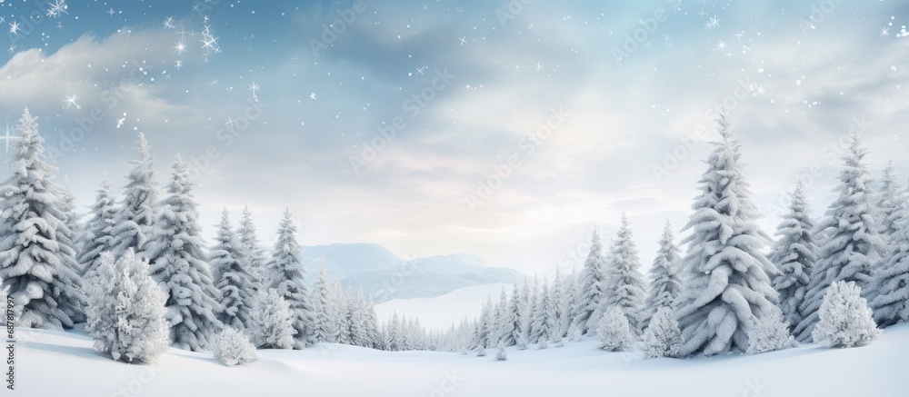 Festive scene with snow-covered evergreens. Festive scene with snow-covered evergreens.