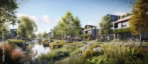 Eco-friendly residential area in Silvolde, Netherlands built on a former factory site in 2023. Developed by MIX Architecture with landscape design by Nico Wissing studio. photo