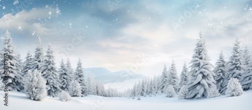 Festive scene with snow-covered evergreens.