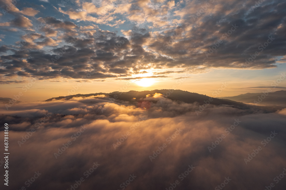Morning  Sky and Mountains,view of sunrise or sunset over mountain and misty.