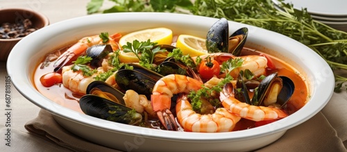 Elegant seafood stew with cod, vegetables, and broth. Healthy baked fish dish with shrimp, mussels, broccoli, and tomato. Served on a white tablecloth with a glass in summer shade.