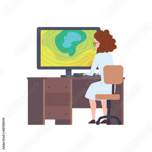 Meteorologist woman studying weather forecaster on computer, weather researching climate condition vector illustration