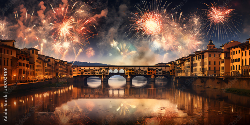 Riveting Pyrotechnics: Vibrant Fireworks Display Over Ponte Vecchio

