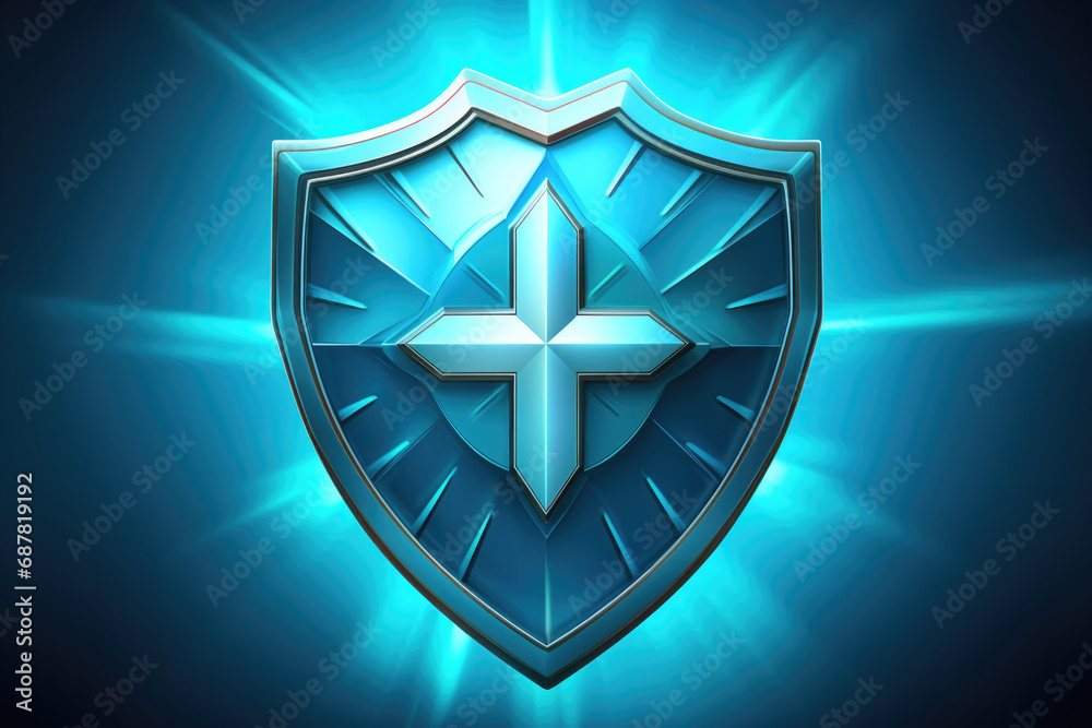 Blue shield with cross symbol on it. Suitable for use in medical, emergency, or protection-related projects. Blue shield with cross symbol on it. Suitable for use in medical, emergency, or protection-related projects.