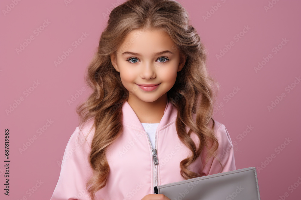 Young girl holding laptop computer in her hands. Perfect for illustrating technology, education, or remote work concepts. Young girl holding laptop computer in her hands. Perfect for illustrating technology, education, or remote work concepts.