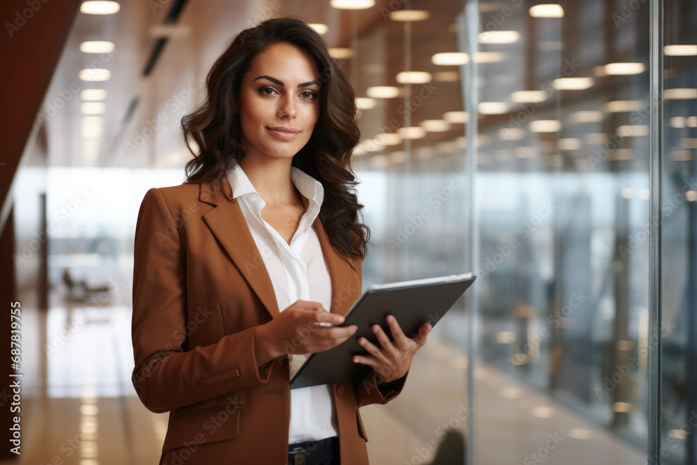 Woman in business suit confidently holds tablet. This professional image is perfect for corporate presentations and technology-related projects. Woman in business suit confidently holds tablet. This professional image is perfect for corporate presentations and technology-related projects.