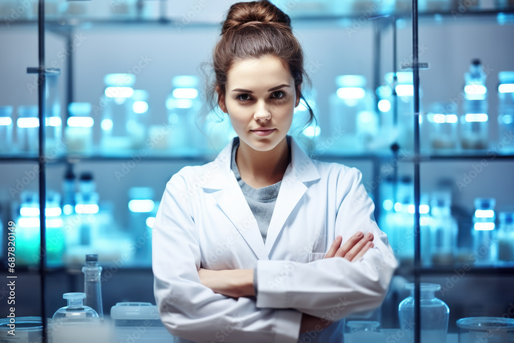 Fototapeta premium Professional woman wearing lab coat stands in front of glass case. This image can be used to represent scientist, researcher, or professional in laboratory setting.