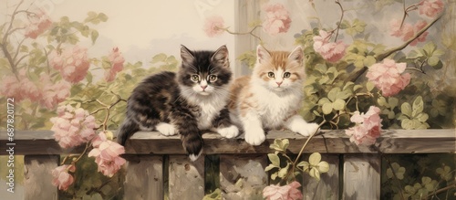 Antique illustration of adorable kittens perched on a gate in a garden (c.1890).