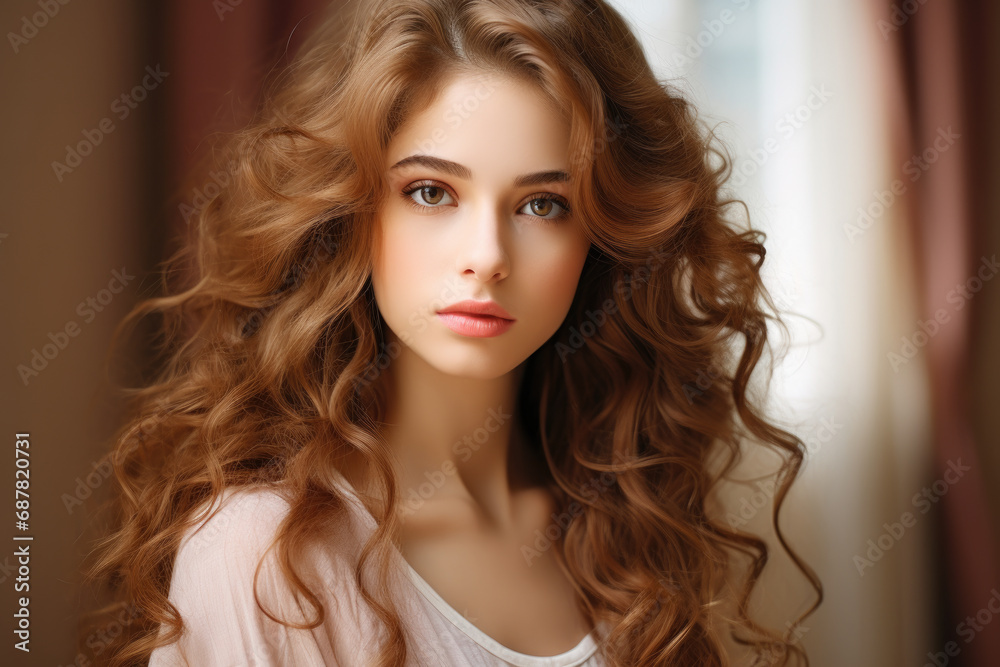 Fototapeta premium Stunning young woman with gorgeous long curly hair. Perfect for beauty and fashion related projects.