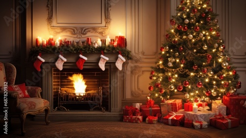 Christmas interior of a large cozy house with a Christmas tree and a fireplace, AI © Vitalii But
