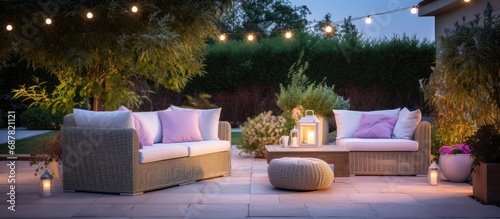 Evening patio with pastel outdoor furniture and plants. Modern garden lounge.