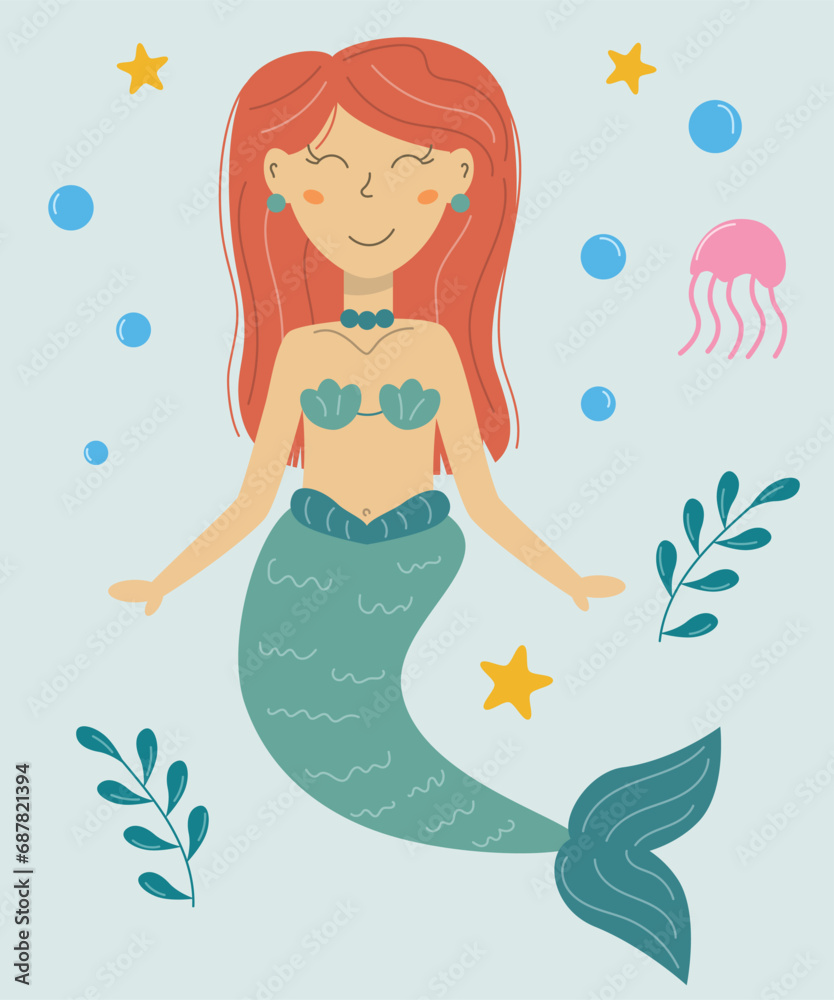 Vector cartoon cute mermaid, flat design