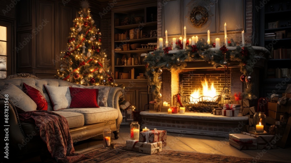 Christmas interior of a large cozy house with a Christmas tree and a fireplace, AI Christmas interior of a large cozy house with a Christmas tree and a fireplace, AI