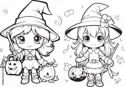 halloween witch hand drawn coloring page illustration