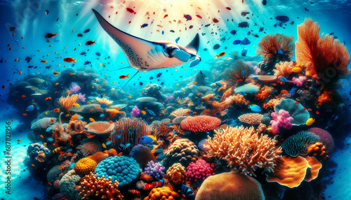 A large manta ray swims over a beautiful colorful coral reef filled with vibrant marine life. © SpeedShutter