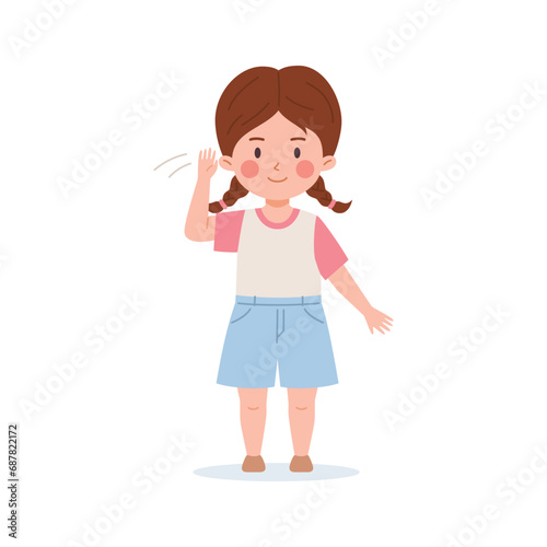 Girl shows hello deaf sign language international symbol, vector gesture for deafness children social conversation