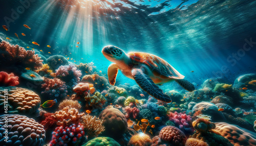 A turtle swims through tropical waters surrounded beautiful colorful coral reef filled with vibrant marine life.Rays of sunlight shine down through the water. © SpeedShutter