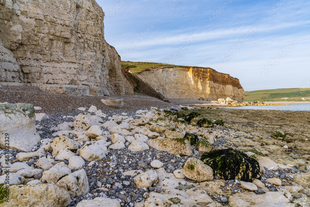 Pebble Beach and cliffs in Cuckmere Haven, East Sussex, England, UK