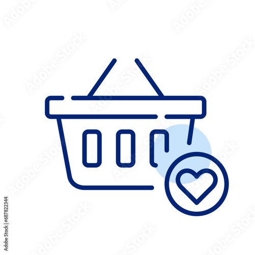 Shopping basket with heart symbol. Adding items to wish list. Pixel perfect, editable stroke icon