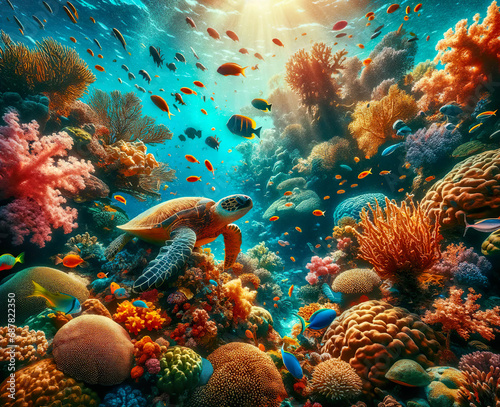A turtle swims through tropical waters surrounded beautiful colorful coral reef filled with vibrant marine life.
